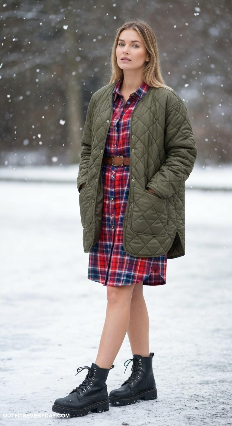 winter coat outfits Quilted jacket over a plaid shirt dress and lace up boots