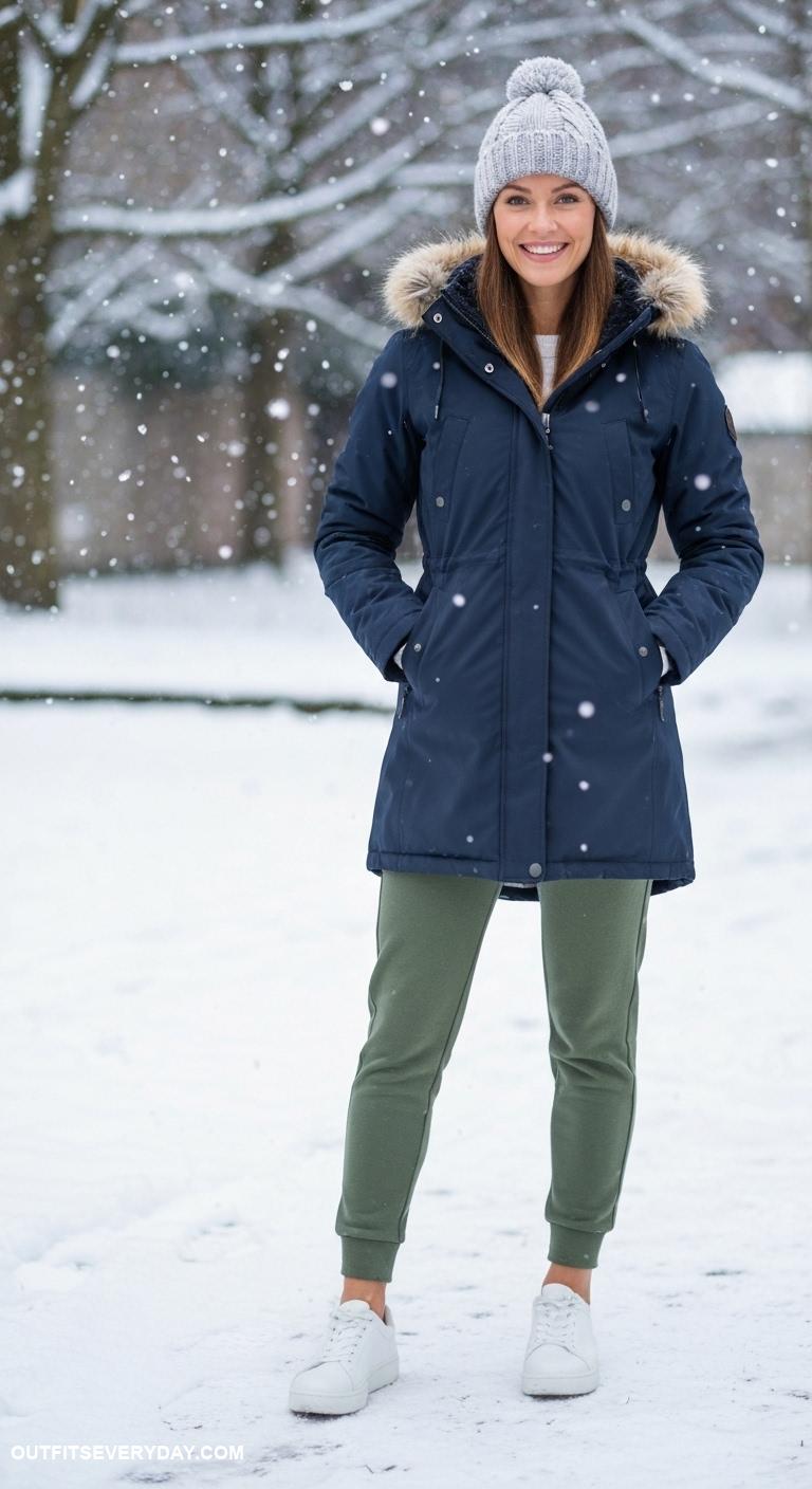 winter coat outfits Sporty parka combined with a wool beanie and casual joggers
