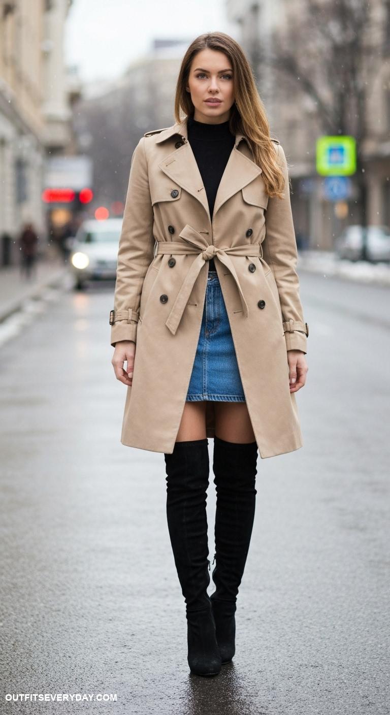 winter coat outfits trench coat with a denim skirt and over the knee boots