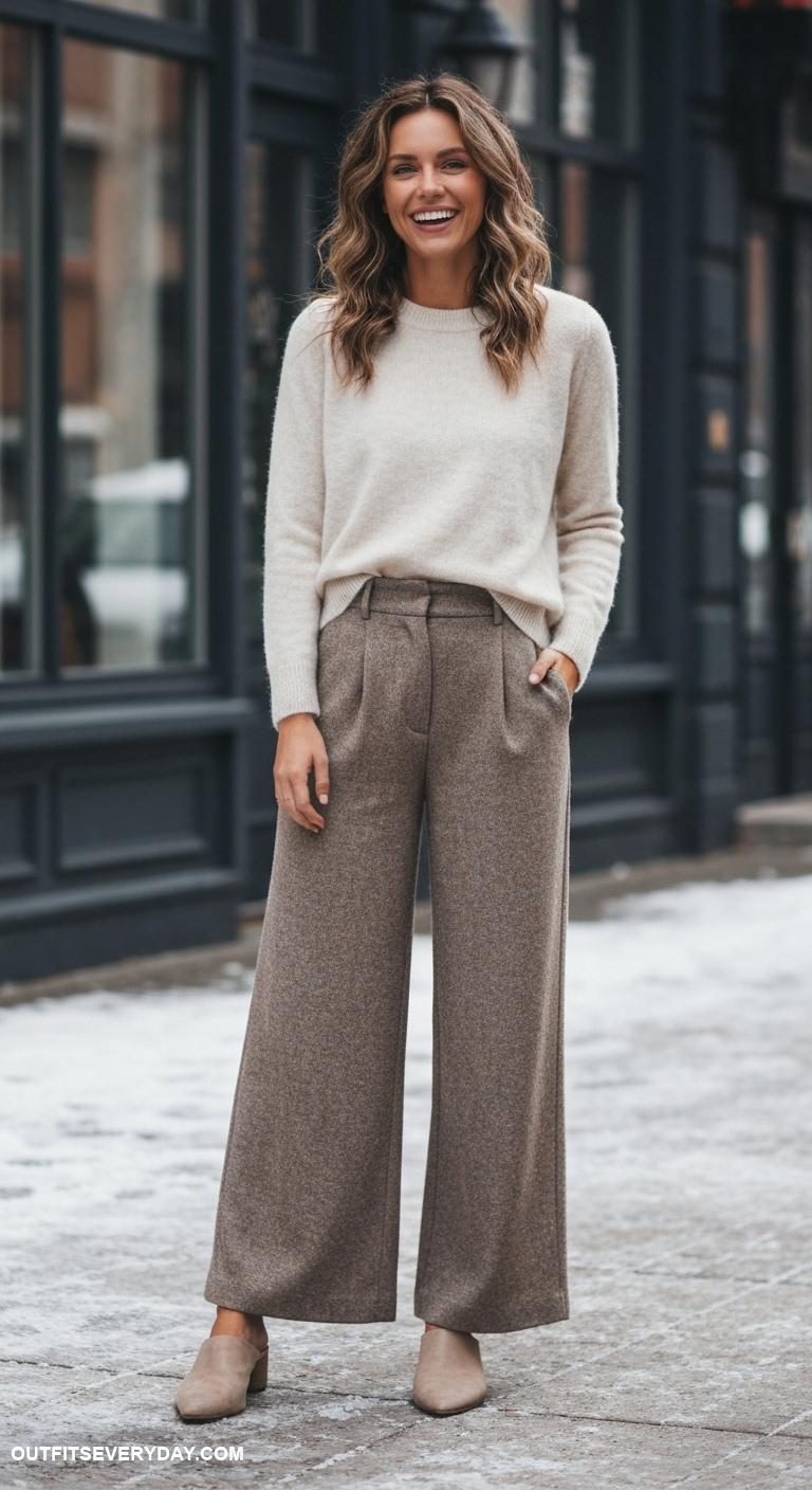 winter dress outfit Cashmere crewneck sweater tucked into high waisted wide leg pants and mules