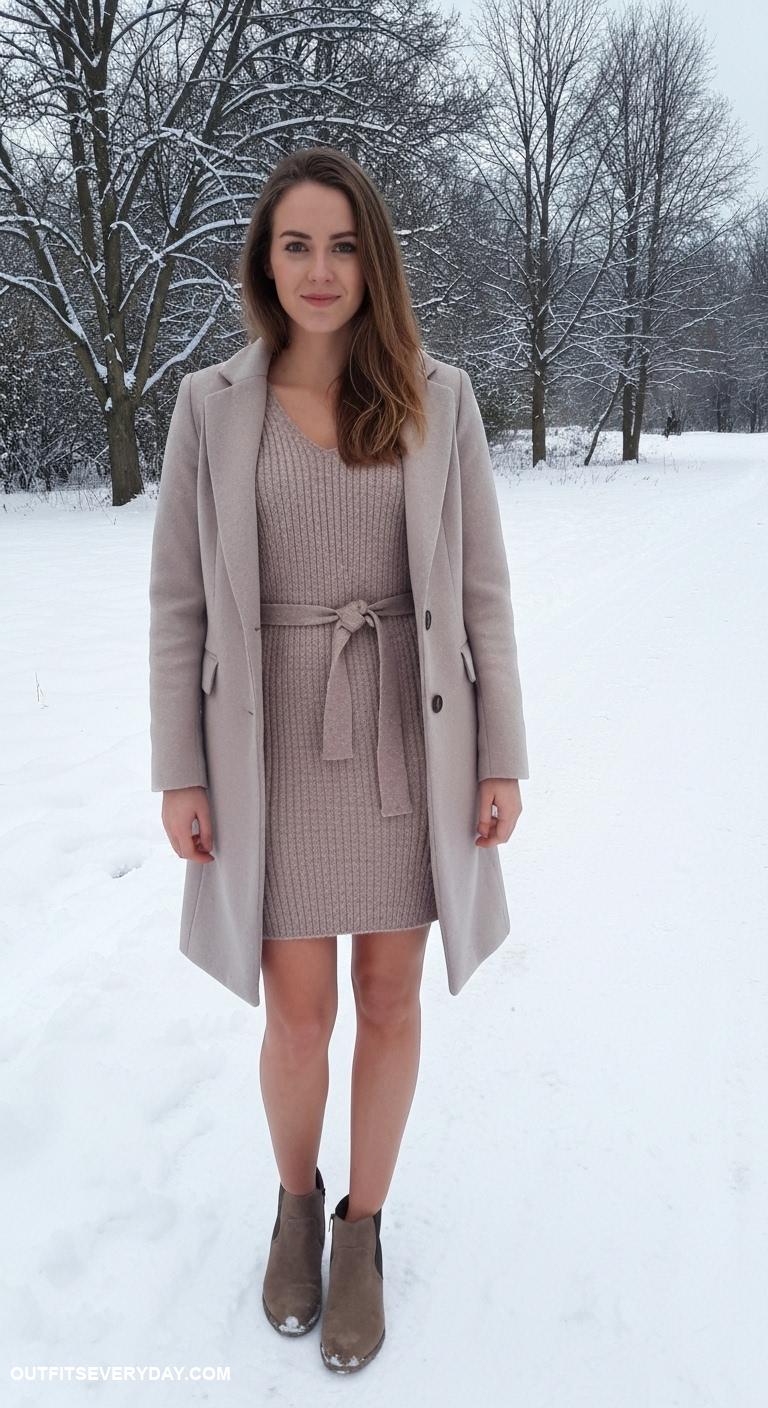 winter dress outfit Knitted dress with a belted waist and a tailored wool coat over it