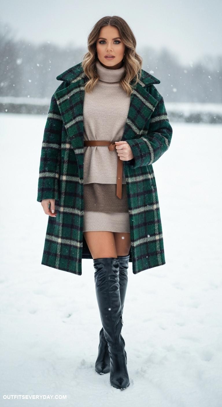 winter dress outfit Layered turtleneck dress with knee high boots and a statement coat