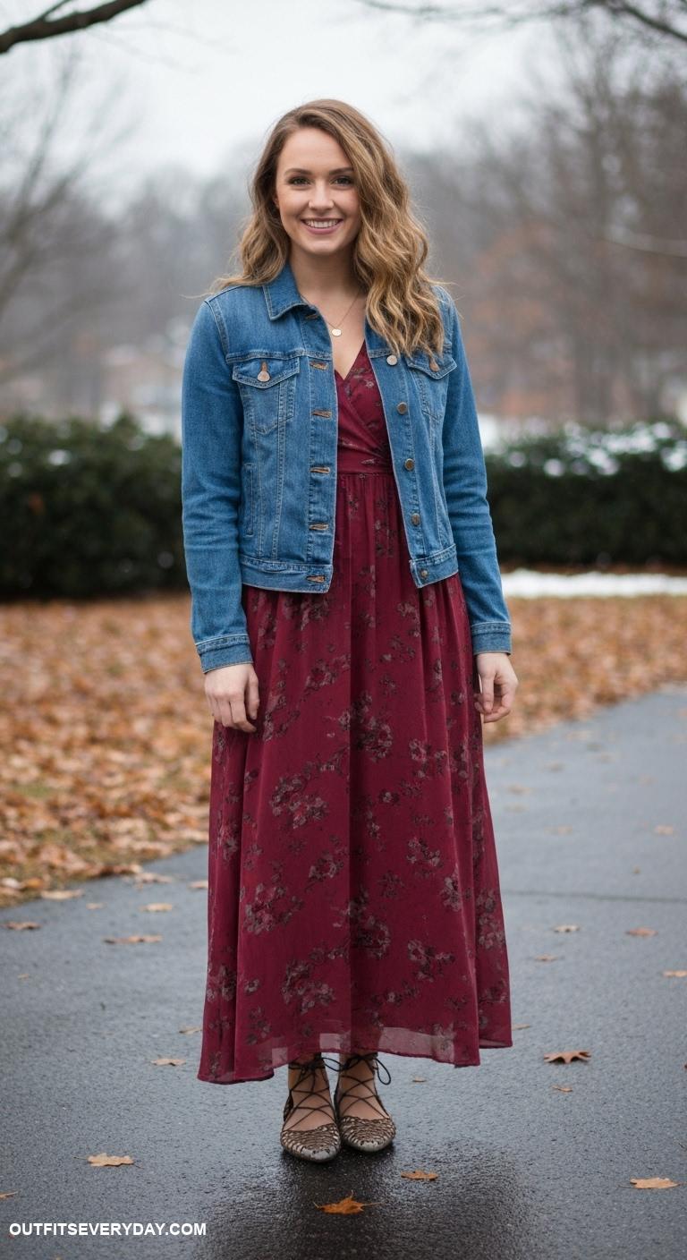 winter dress outfit Long sleeve maxi dress layered with a denim jacket and lace up flats