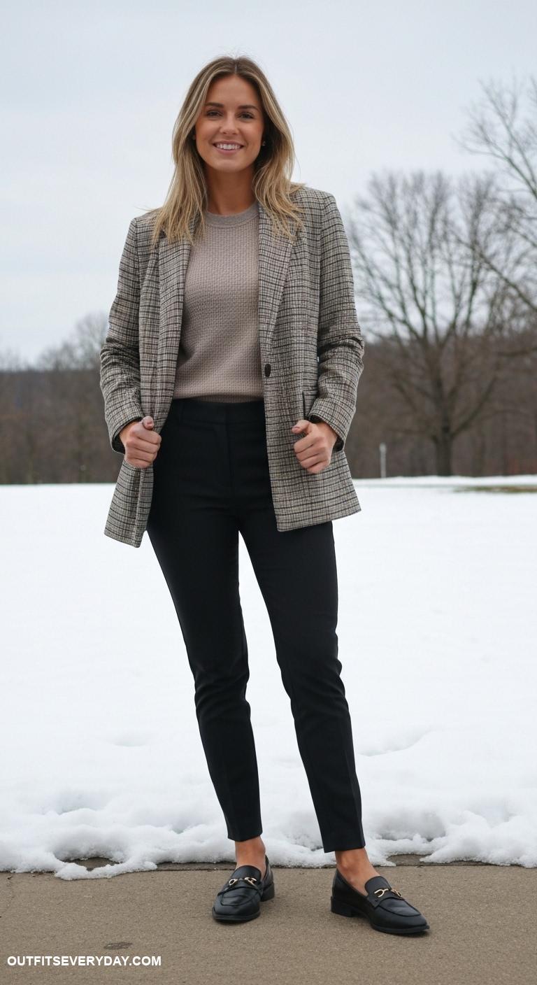 winter dress outfit Plaid blazer worn over a thermal top and tailored trousers with loafers