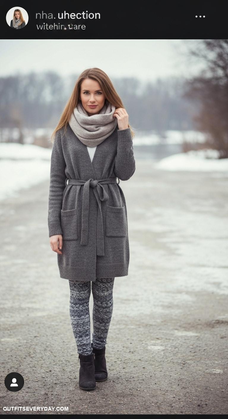 winter leggings outfit Access with a belted longline cardigan and winter scarf