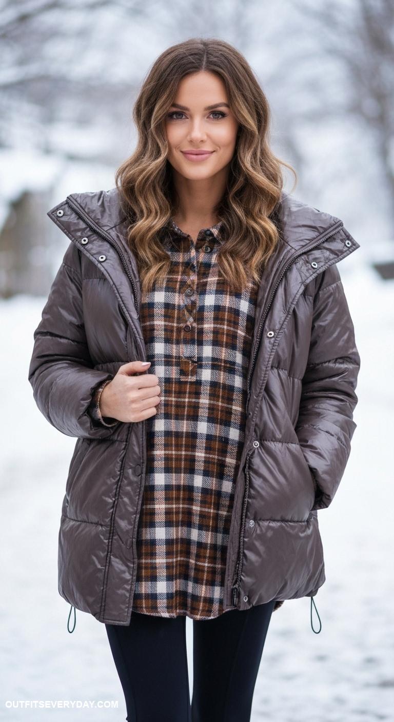 winter leggings outfit Pair with a plaid tunic and a puffer jacket