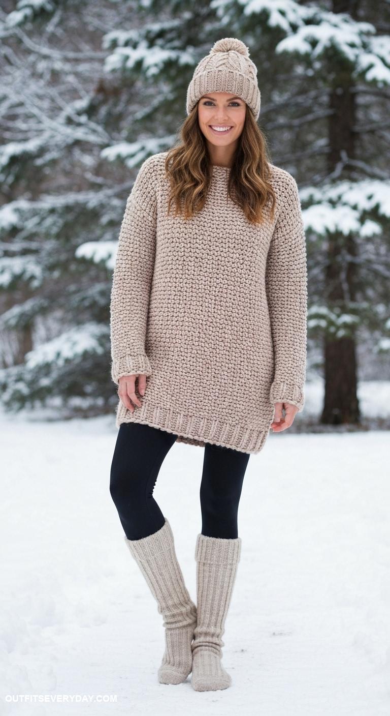 winter leggings outfit Style under a chunky knit dress with tall winter socks