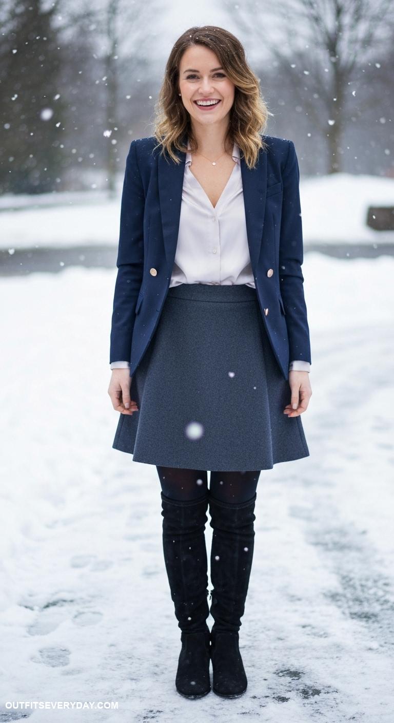 winter skirt outfit A line wool skirt with a silk blouse and tailored blazer
