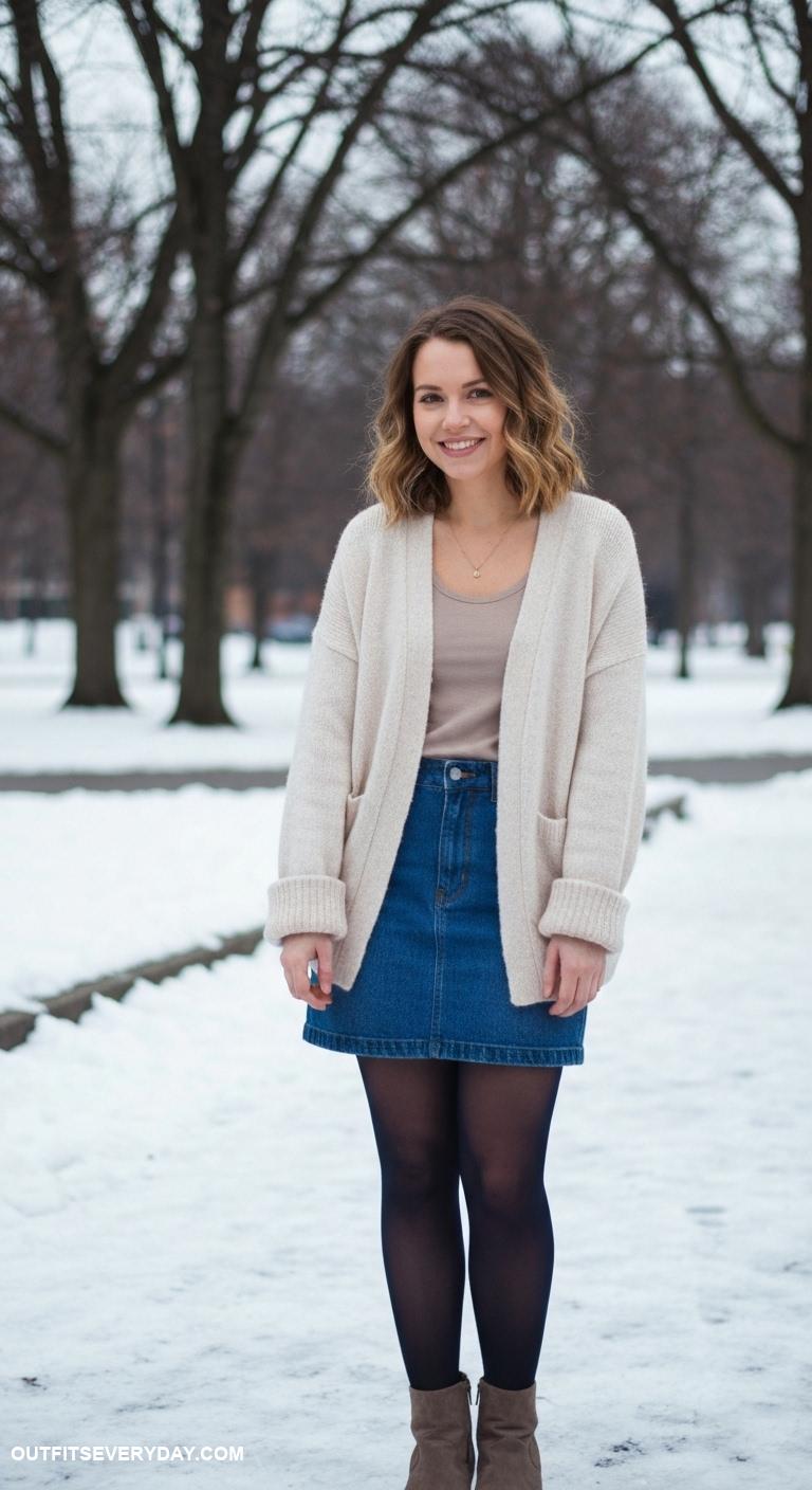 winter skirt outfit Denim skirt layered with thick tights and an oversized cardigan