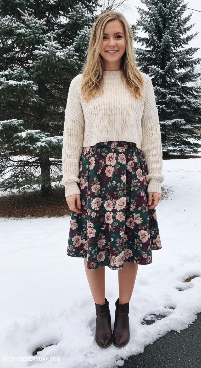 winter skirt outfit Floral winter skirt paired with a cozy cropped sweater and ankle boots