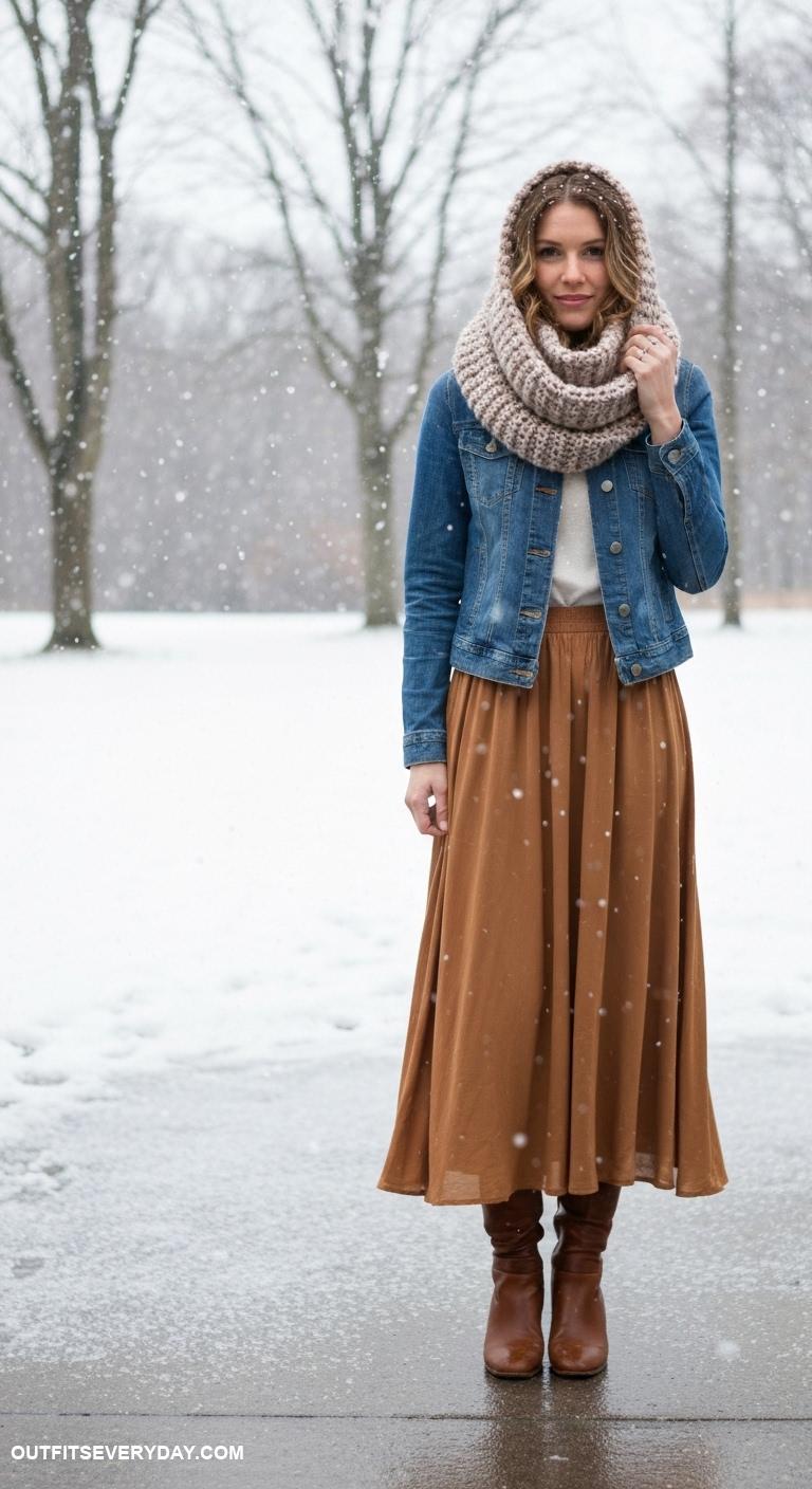 winter skirt outfit Maxi skirt with a denim jacket and a chunky scarf for warmth