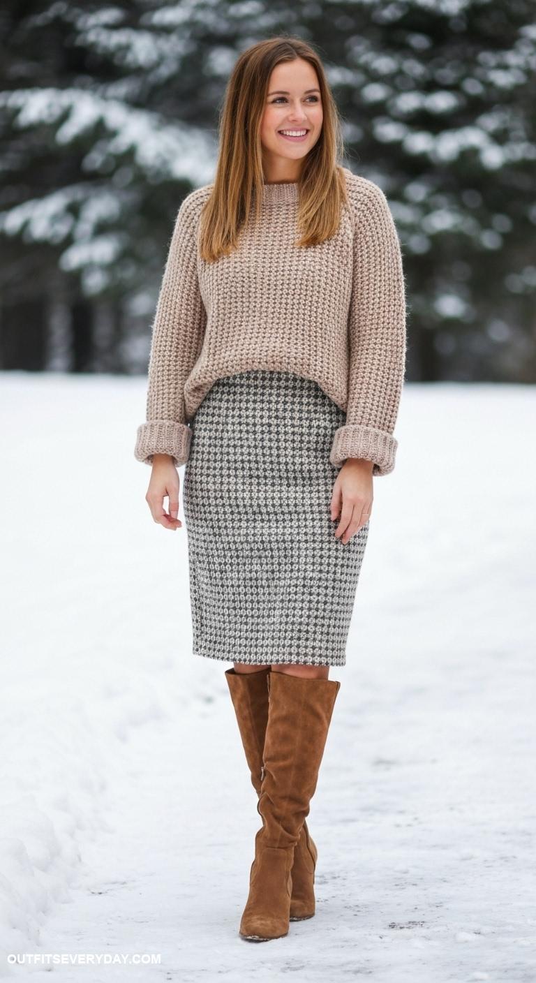 winter skirt outfit Tweed midi skirt with a chunky knit sweater and knee high boots