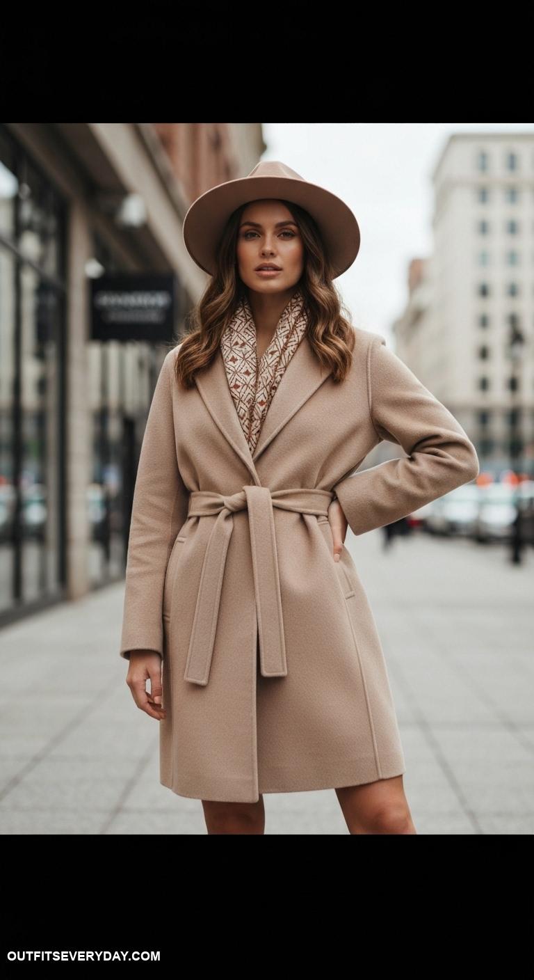 wool coat outfits Accessorize a minimalist wool coat with a patterned scarf and wide brim hat