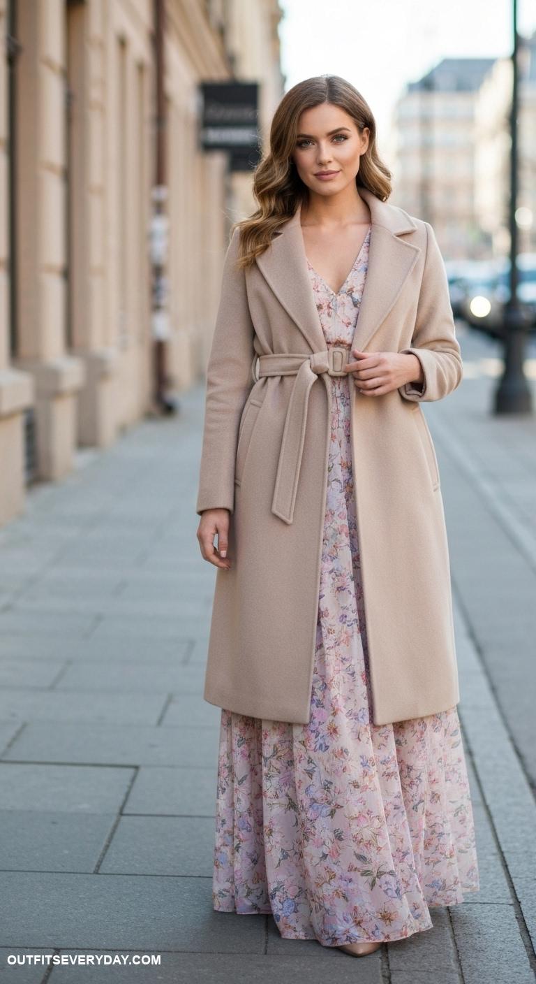 wool coat outfits Cinch a wool coat with a belt above a maxi dress for elegance