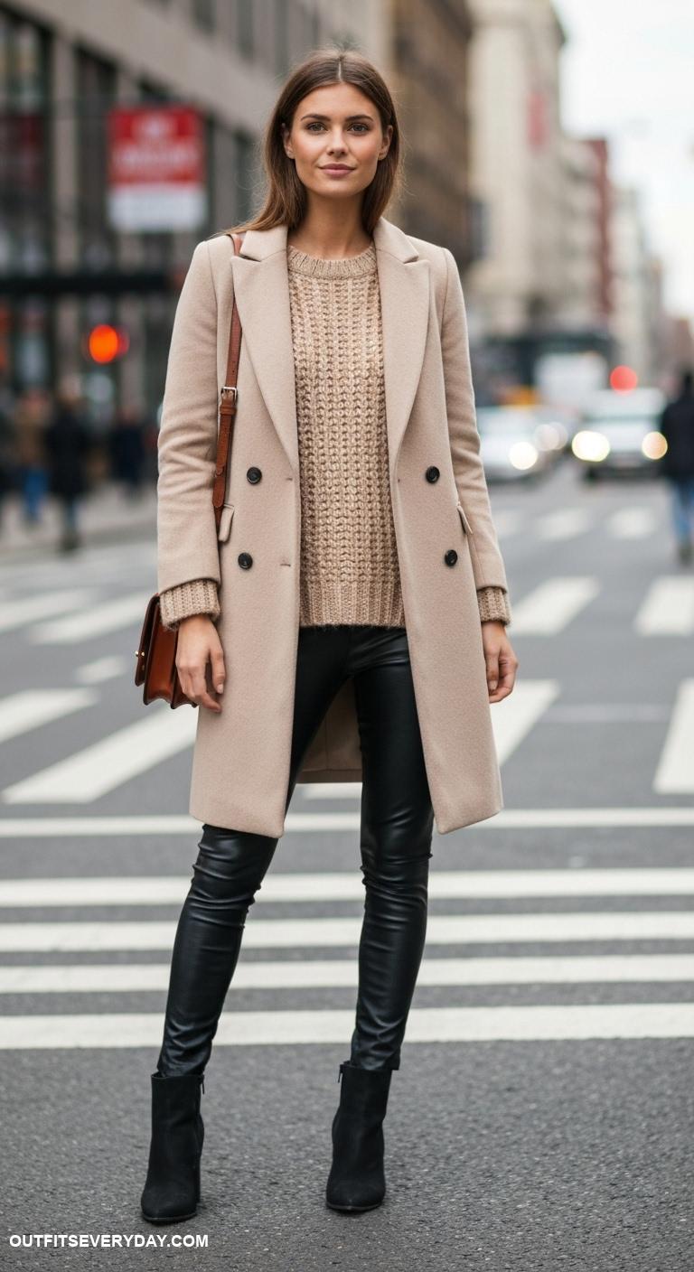 wool coat outfits Combine a wool coat with a chunky knit sweater and faux leather leggings