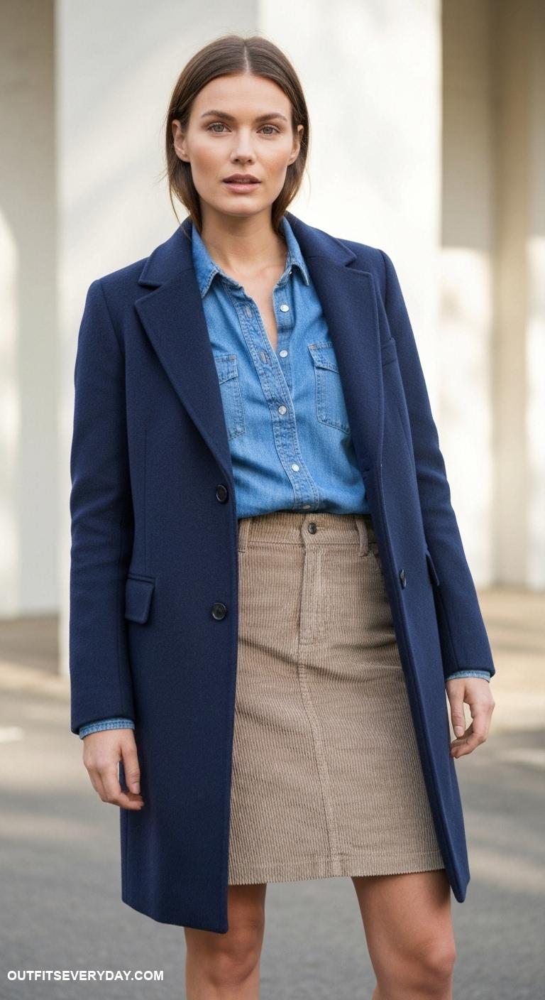 wool coat outfits Mix textures wool coat with denim shirt and corduroy skirt