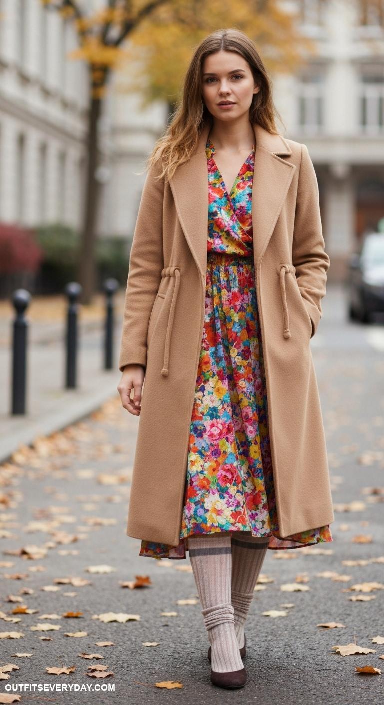 wool coat outfits Style a long wool coat with a floral dress and knee high socks