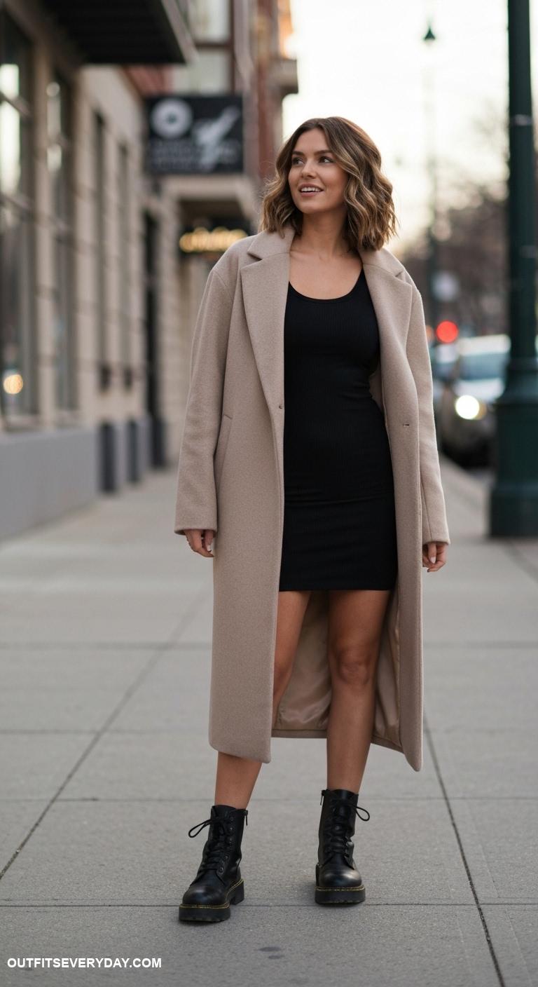 wool coat outfits Wear an oversized wool coat over a fitted bodycon dress and combat boots