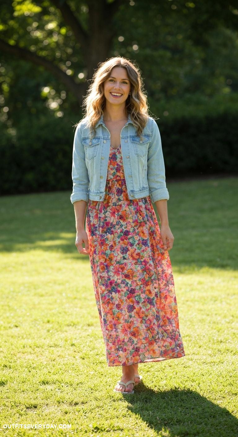 2000s fashion outfits Billowy maxi dress layered with a denim jacket and flip flops