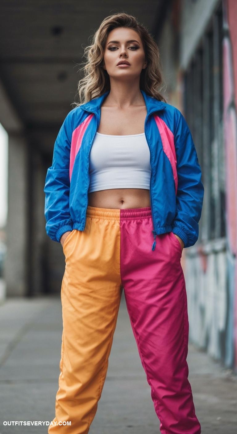 2000s fashion outfits Track pants with a crop top and windbreaker jacket