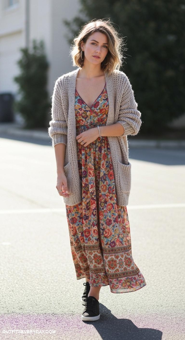 black sneakers outfit Boho vibes featuring a floral maxi dress and chunky knit cardigan