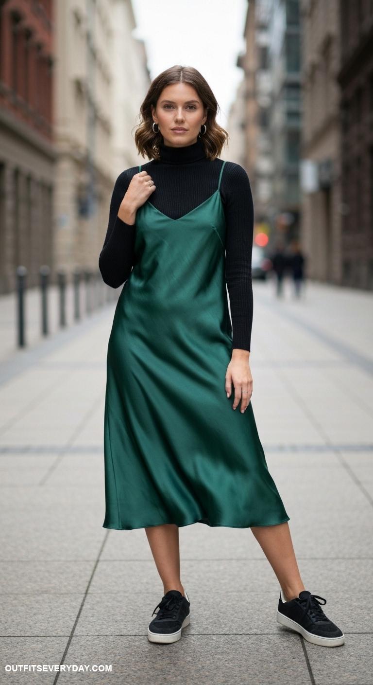 black sneakers outfit Layered looks with a turtleneck beneath a slip dress and sneakers