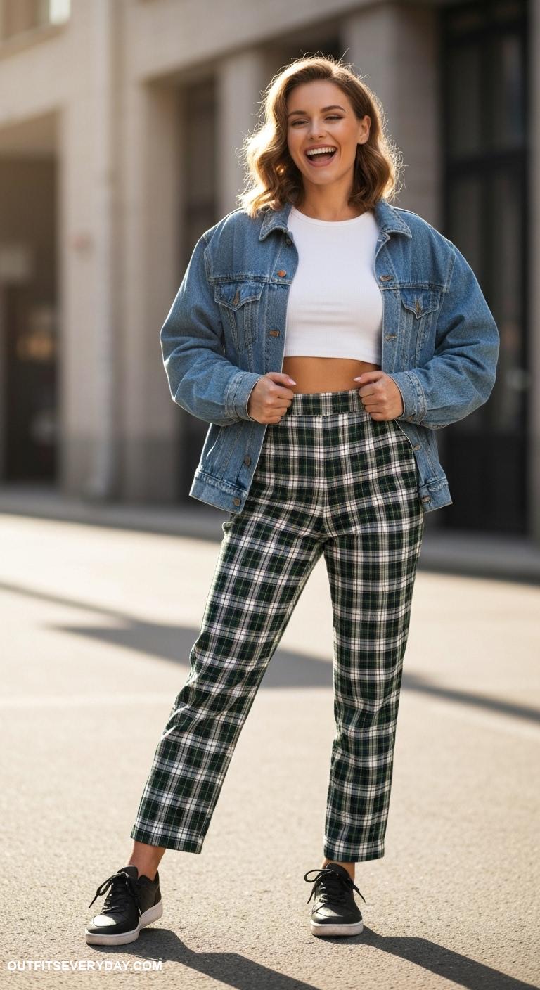 black sneakers outfit Retro style pairing plaid trousers with a crop top and oversized jacket