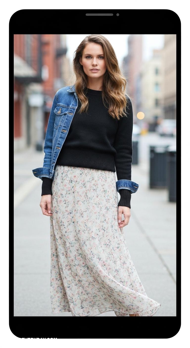 black sweater outfit Add a black sweater to a denim jacket and patterned maxi skirt