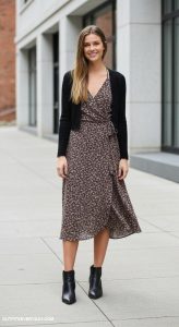 black sweater outfit Choose a fitted black sweater with a midi wrap dress and ankle booties
