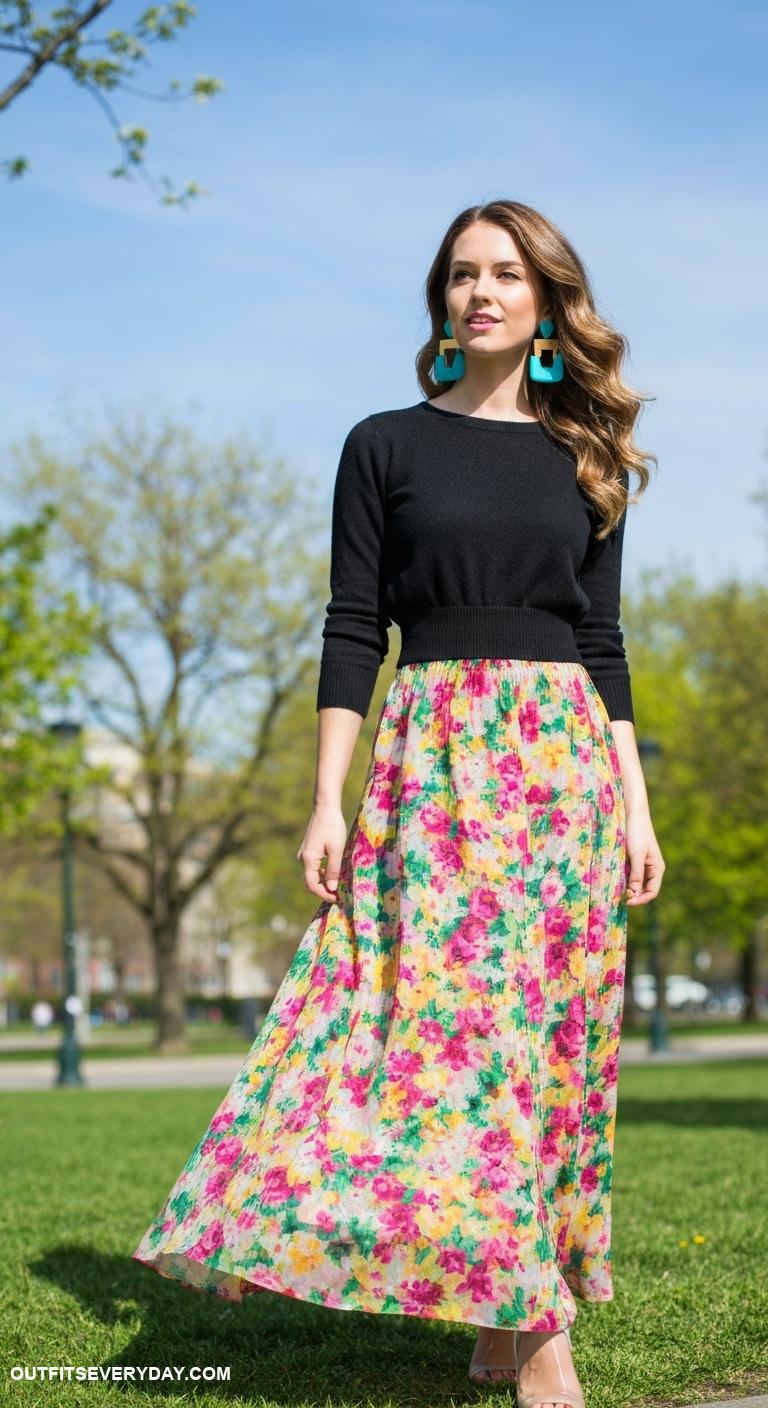 black sweater outfit Match black sweater with a floral maxi skirt and statement earrings