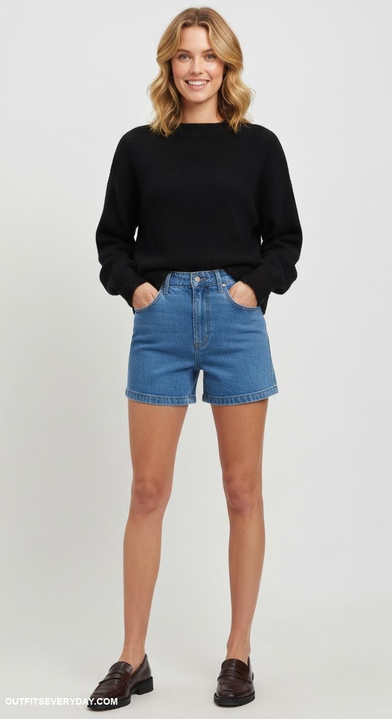 black sweater outfit Opt for a black sweater tucked into tailored denim shorts and loafers