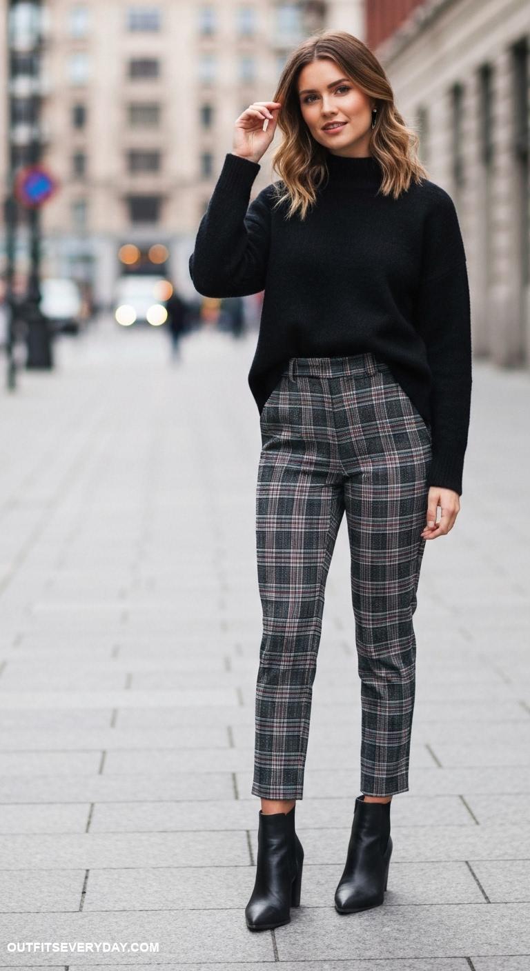 black sweater outfit Pair black sweater with high waisted plaid trousers and ankle boots