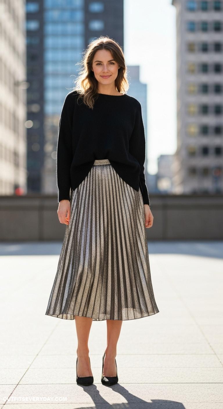 black sweater outfit Style black sweater with a pleated metallic midi skirt and heels