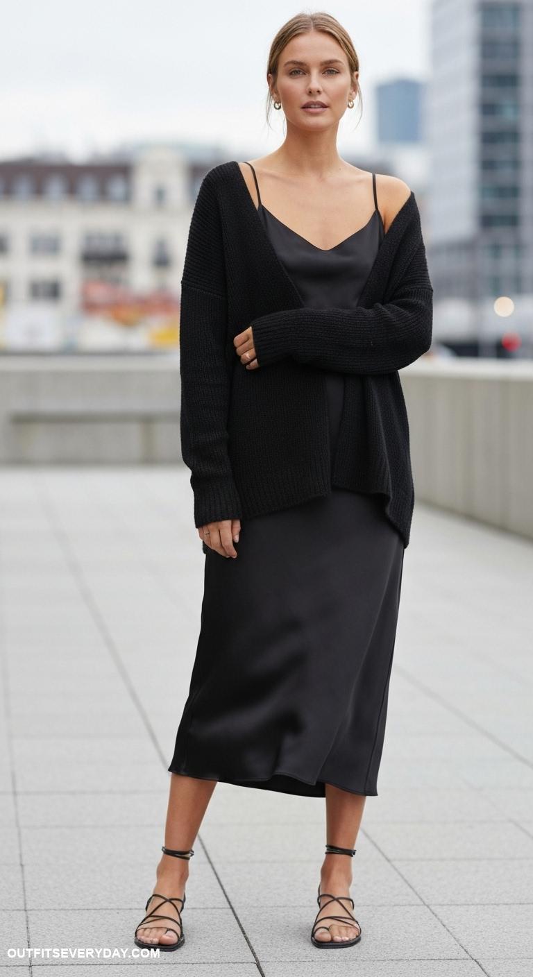 black sweater outfit Wear oversized black sweater with a silk slip dress and strappy sandals