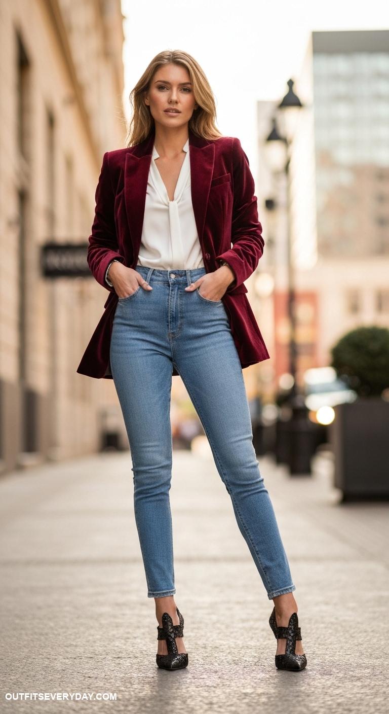 blazer with jeans Combine a velvet blazer with high waisted denim and statement heels