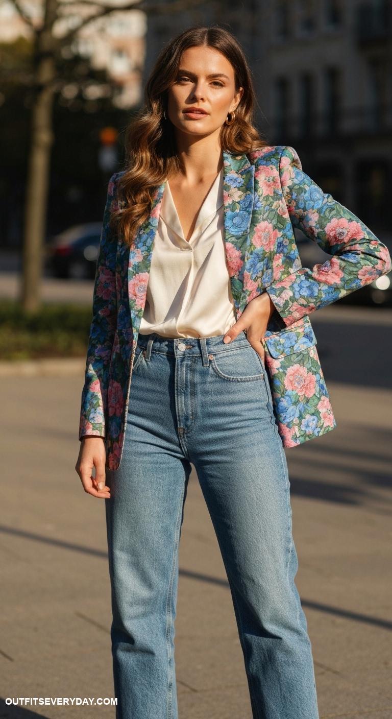 blazer with jeans Coordinate a printed blazer with straight leg jeans and a silk blouse
