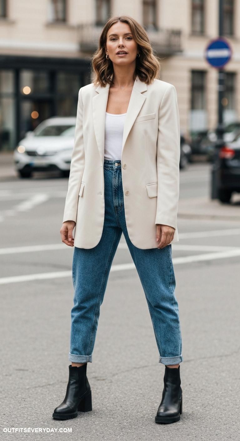 blazer with jeans Match a cream oversized blazer with mom jeans and ankle boots