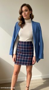 blue blazer outfits for women Combine with a fitted turtleneck and plaid skirt