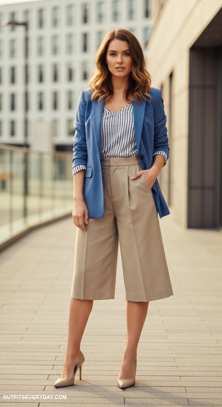 blue blazer outfits for women Match with a striped top and tailored culottes