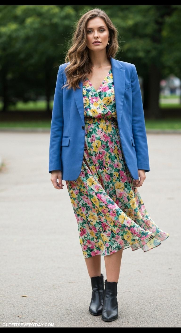 blue blazer outfits for women Style over a floral midi dress and ankle boots