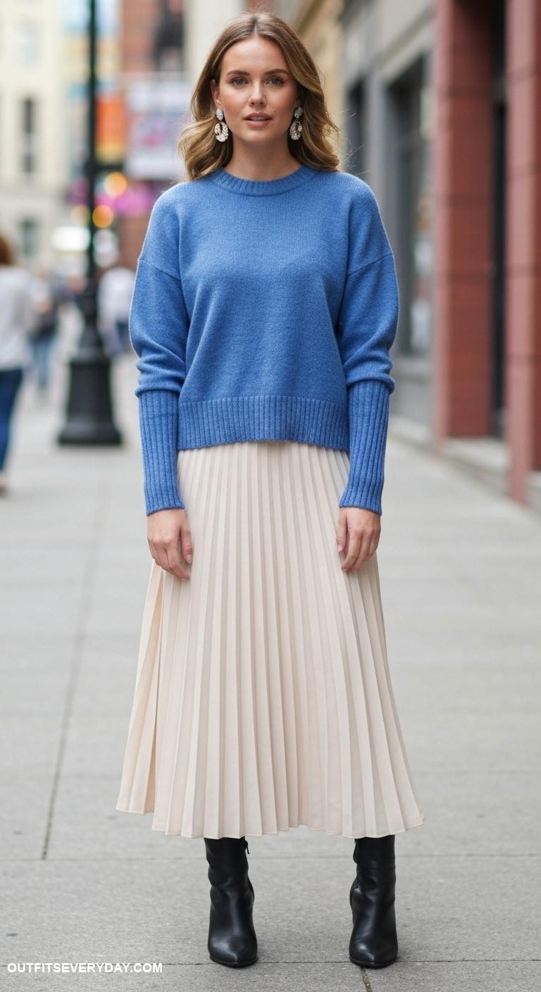 blue sweater outfit Dress a blue sweater with a pleated midi skirt and statement earrings