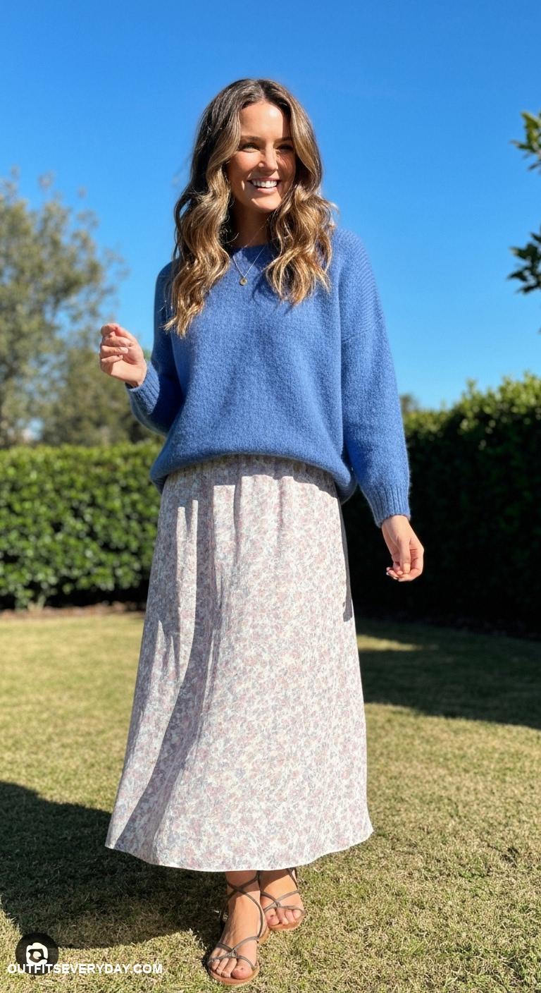 blue sweater outfit Match a blue sweater with a flowy maxi skirt and strappy sandals