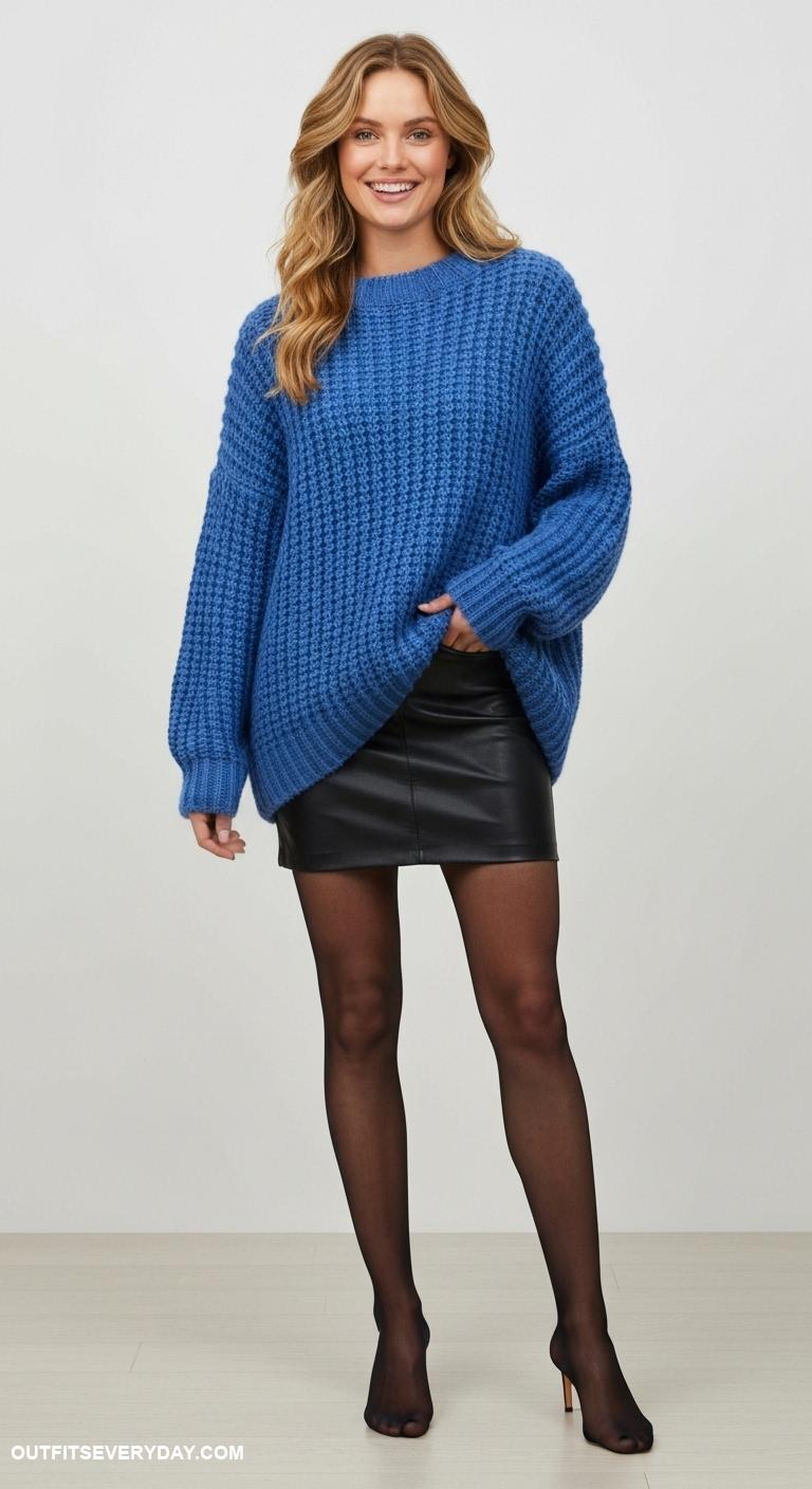 blue sweater outfit Wear an oversized blue knit with a black leather mini skirt and tights