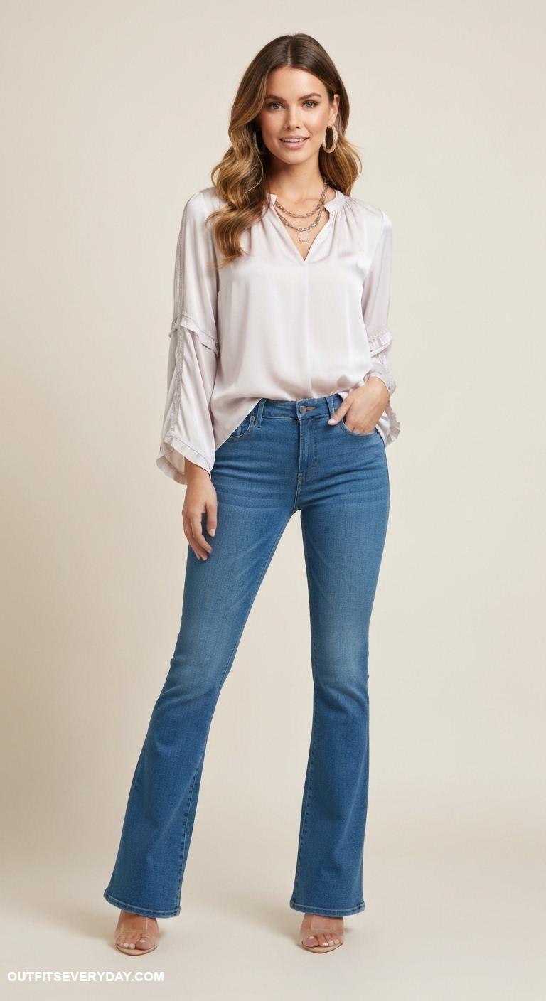 bootcut jeans outfit Dress up bootcut jeans with a silk blouse and statement jewelry