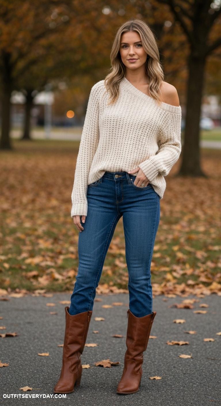 bootcut jeans outfit Opt for bootcut jeans with a chunky knit sweater and knee high boots