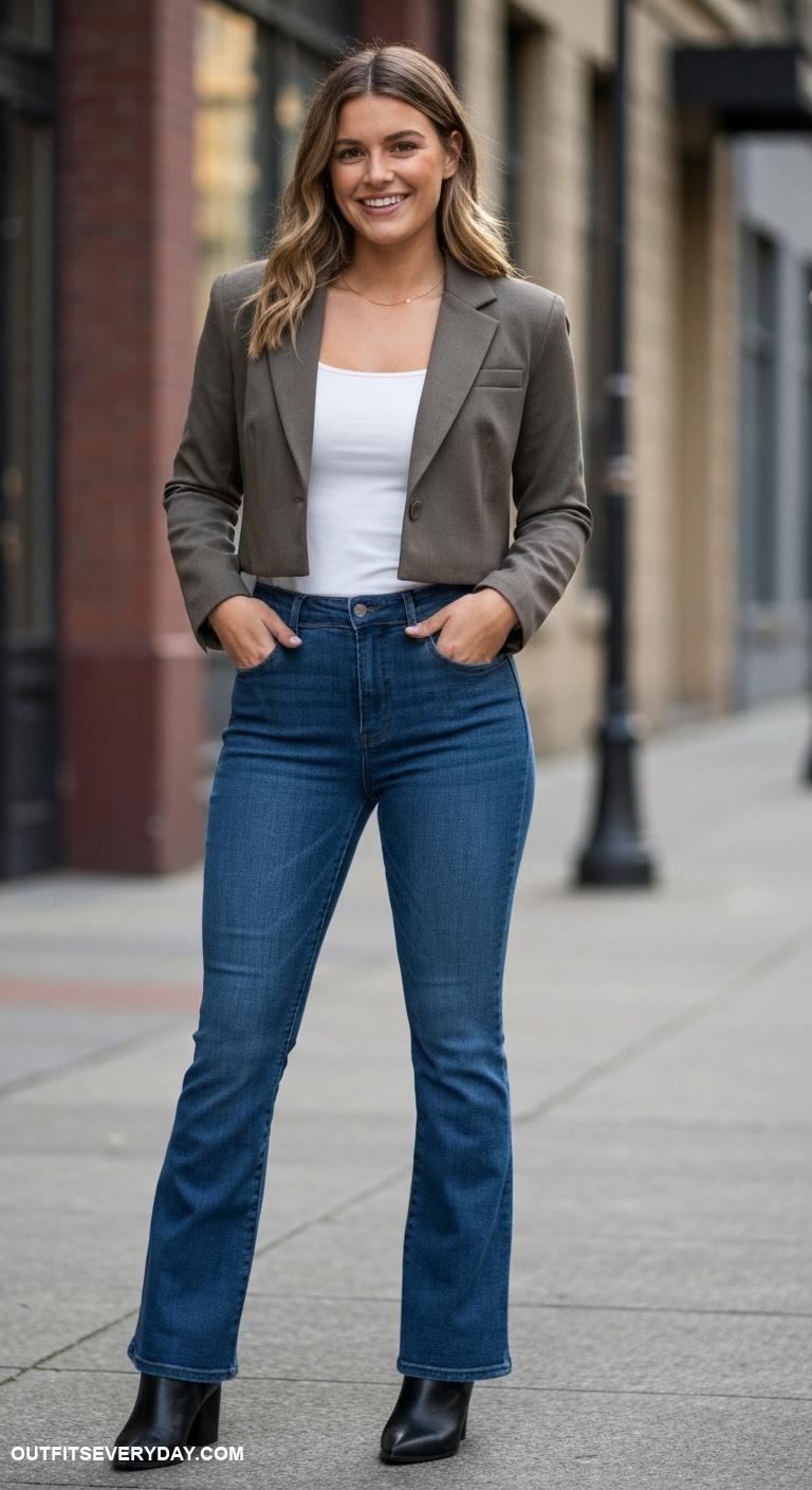 bootcut jeans outfit Pair bootcut jeans with a tailored crop jacket and ankle boots for refinement