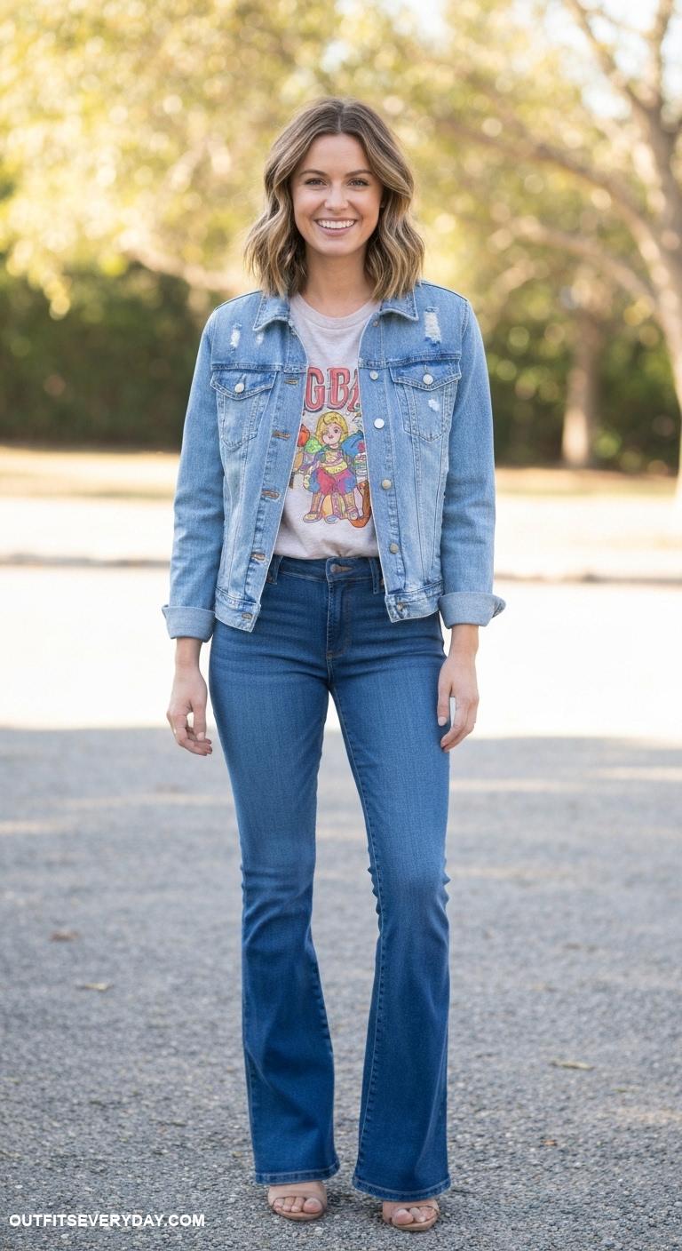 bootcut jeans outfit Wear bootcut jeans with a graphic tee and denim jacket for a casual vibe