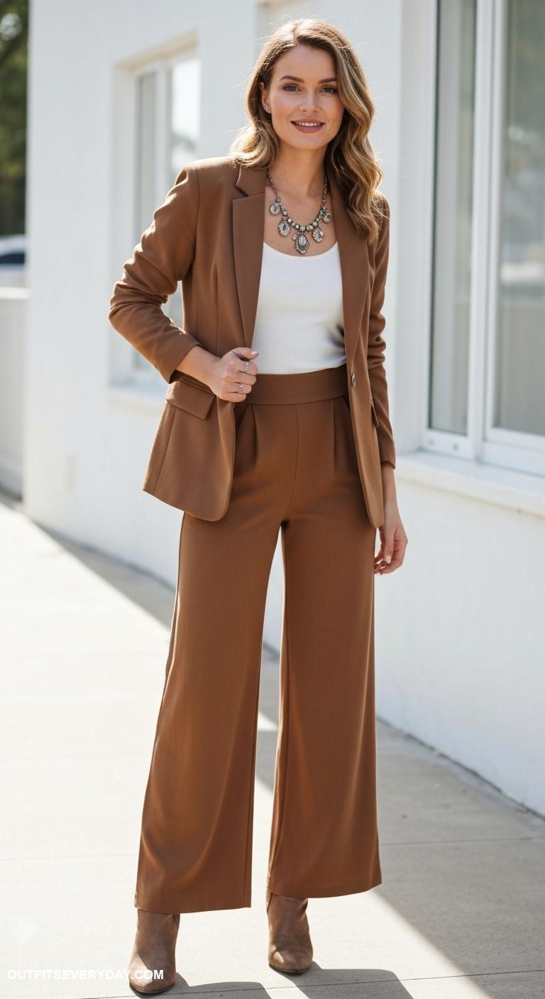 brown blazer outfits for women Accessorize brown blazer with a statement necklace and wide leg pants