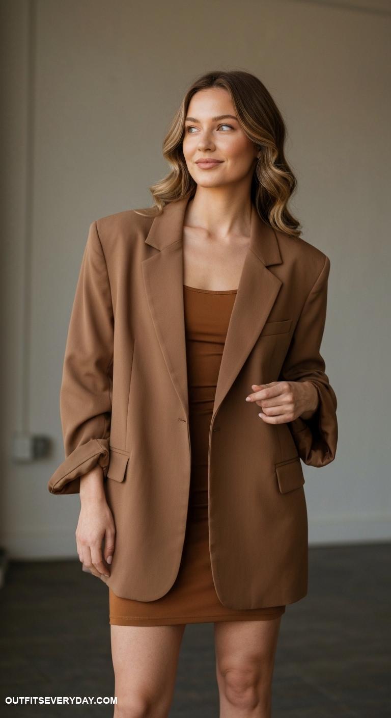 brown blazer outfits for women Layer oversized brown blazer over a fitted bodycon dress