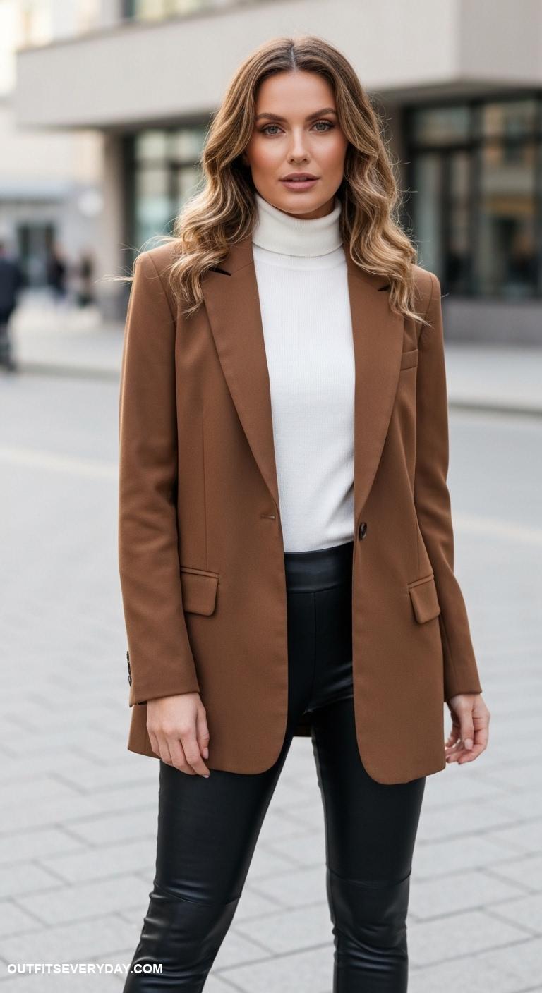 brown blazer outfits for women Pair brown blazer with white turtleneck and leather leggings